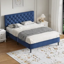 Twin/ Full/ Queen/ King Bed Frame, Upholstered Platform Bed Frame With Headboard, Solid Wood Slats, No Box Spring Needed, Noise-Free, Easy Assembly, White/ Grey/ Dark Grey/ Pink/ Blue - 藍色 - 查看 1