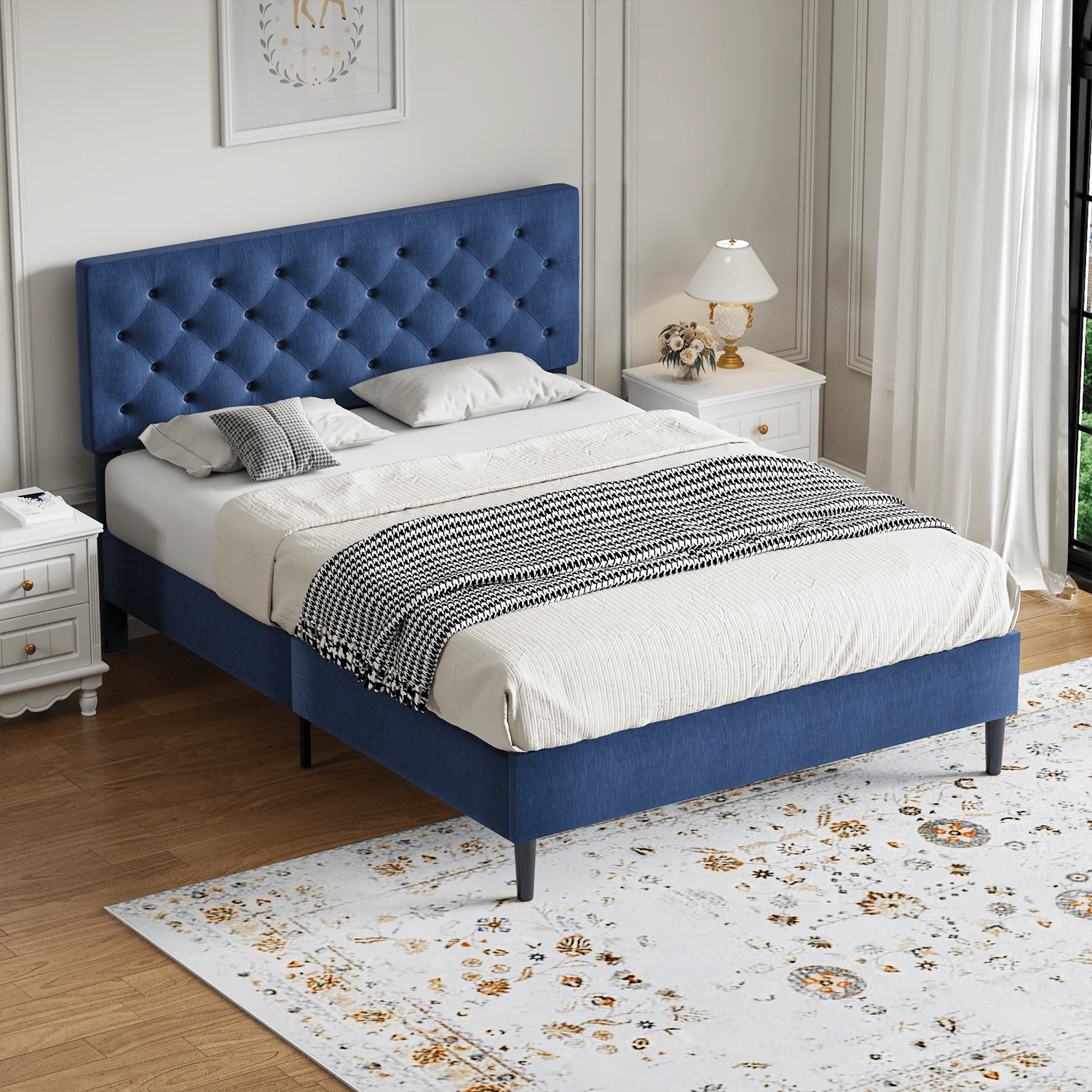 Twin/ Full/ Queen/ King Bed Frame, Upholstered Platform Bed Frame With Headboard, Solid Wood Slats, No Box Spring Needed, Noise-Free, Easy Assembly, White/ Grey/ Dark Grey/ Pink/ Blue - 藍色 - 查看 1