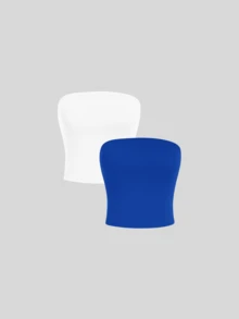 2 Women's Strapless Top Without Underwire Basic Double Layer Of Shaping Suplex - White and Royal Blue - View 1