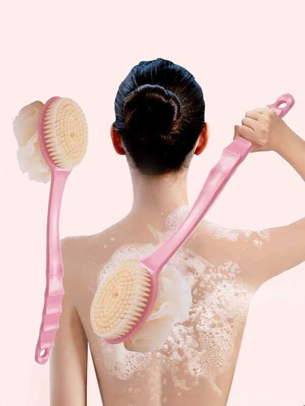 1 Cepillo de baño de mango largo de color rosa/azul, cepillo de uso múltiple para exfoliación de espalda y limpieza de ducha, cepillo de ducha de doble cara para exfoliación y masaje, capaz de producir espuma abundante, el mango largo es conveniente para manejar bacterias invisibles, accesorios de baño, necesidades familiares, un buen regalo, fuerte capacidad de limpieza