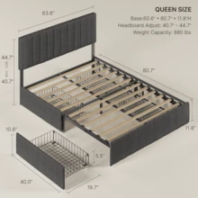 Lofka Queen Bed Frames With 4 Storage Drawers On Wheels, Modern Upholstered Bed Frame With Adjustable Headboard, Fits 6" To 12" Mattress, Platform Bed With Strong Wooden Slats, No Box Spring Needed, Valentine's Day Ideas, Dark Gray - 深灰色 - 查看 3