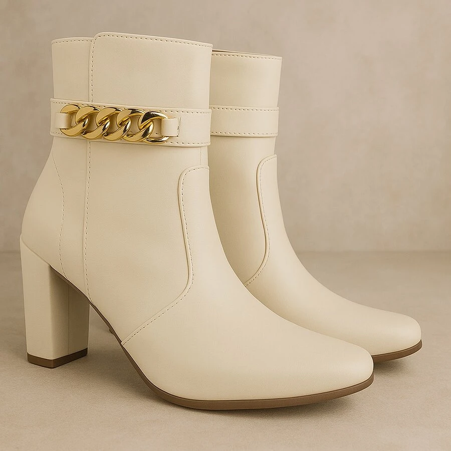 Women's Pointed Toe Boots Fashion Comfortable Heel Chain Decoration Shiny Original Olzzy Moda - 米色 - 查看 1