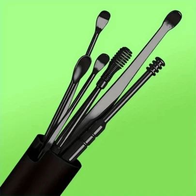 6pcs Black Stainless Steel Ear Wax Removal Tool Set - Spiral & Twist Designs, Comfort Grip Handles, Battery-Free Ear Cleaning Kit For Men & Women, Ear Cleaner