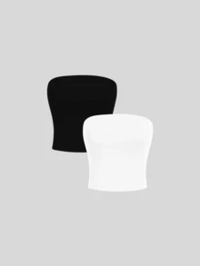2 Women's Strapless Top Without Underwire Basic Double Layer Of Shaping Suplex - Black and White - View 1