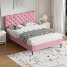 Twin/ Full/ Queen/ King Bed Frame, Upholstered Platform Bed Frame With Headboard, Solid Wood Slats, No Box Spring Needed, Noise-Free, Easy Assembly, White/ Grey/ Dark Grey/ Pink/ Blue - Pink - View 1