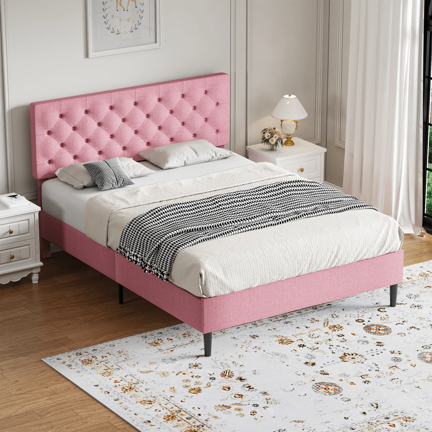 Twin/ Full/ Queen/ King Bed Frame, Upholstered Platform Bed Frame With Headboard, Solid Wood Slats, No Box Spring Needed, Noise-Free, Easy Assembly, White/ Grey/ Dark Grey/ Pink/ Blue - Pink - View 1