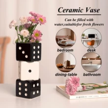 MOUGIGI Dezeen Funky Dice Vase - Unique Ceramic Home Decor For Bars| Stylish Black, White & Red Geometric Design | Perfect For Fresh, Dried, Or Artificial Flower Arrangements | Ideal Gift For Art Lovers - 黑白黑 - 查看 4