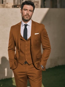 Men's Suit 3-Piece Set Slim Fit One Button Business Suits With Adjustable Single Breasted Vest & Flat Front Pants For Wedding, Prom, Job Interview Attire (Blazer+Vest+Pants) (XS-3XL) - 棕色 - 查看 7
