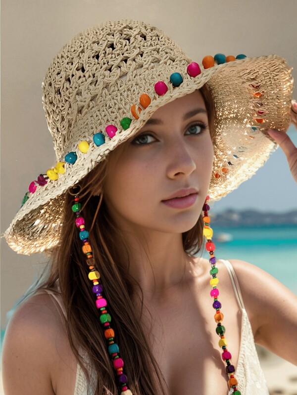 1 Peça Chapéu Balde Colorido Boho com Contas, Chapéu Viseira de Sol para Mulheres, Chapéu de Palha com Aba Larga para Praia, Mochilável com Rabo de Cavalo, Chapéu de Verão para Viagens para Mulheres, Proteção UV, Chapéu de Palha para Mulheres com Aba Larga, Chapéu de Sol para Mulheres com Proteção UPF 50, Chapéu de Verão Amplo Dobrável e Recolhível para Mulheres