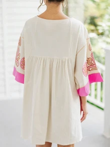 Vestito casual con stampa floreale boho, abbigliamento occidentale da donna, abito da festival musicale bohémien per vacanze estive e spiaggia, dolce abito stile babydoll; Abito aderente a maniche a pipistrello, scollo a V profondo, con stampa, per festa e club, abbigliamento da concerto