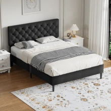 Twin/ Full/ Queen/ King Bed Frame, Upholstered Platform Bed Frame With Headboard, Solid Wood Slats, No Box Spring Needed, Noise-Free, Easy Assembly, White/ Grey/ Dark Grey/ Pink/ Blue - 深灰色 - 查看 1