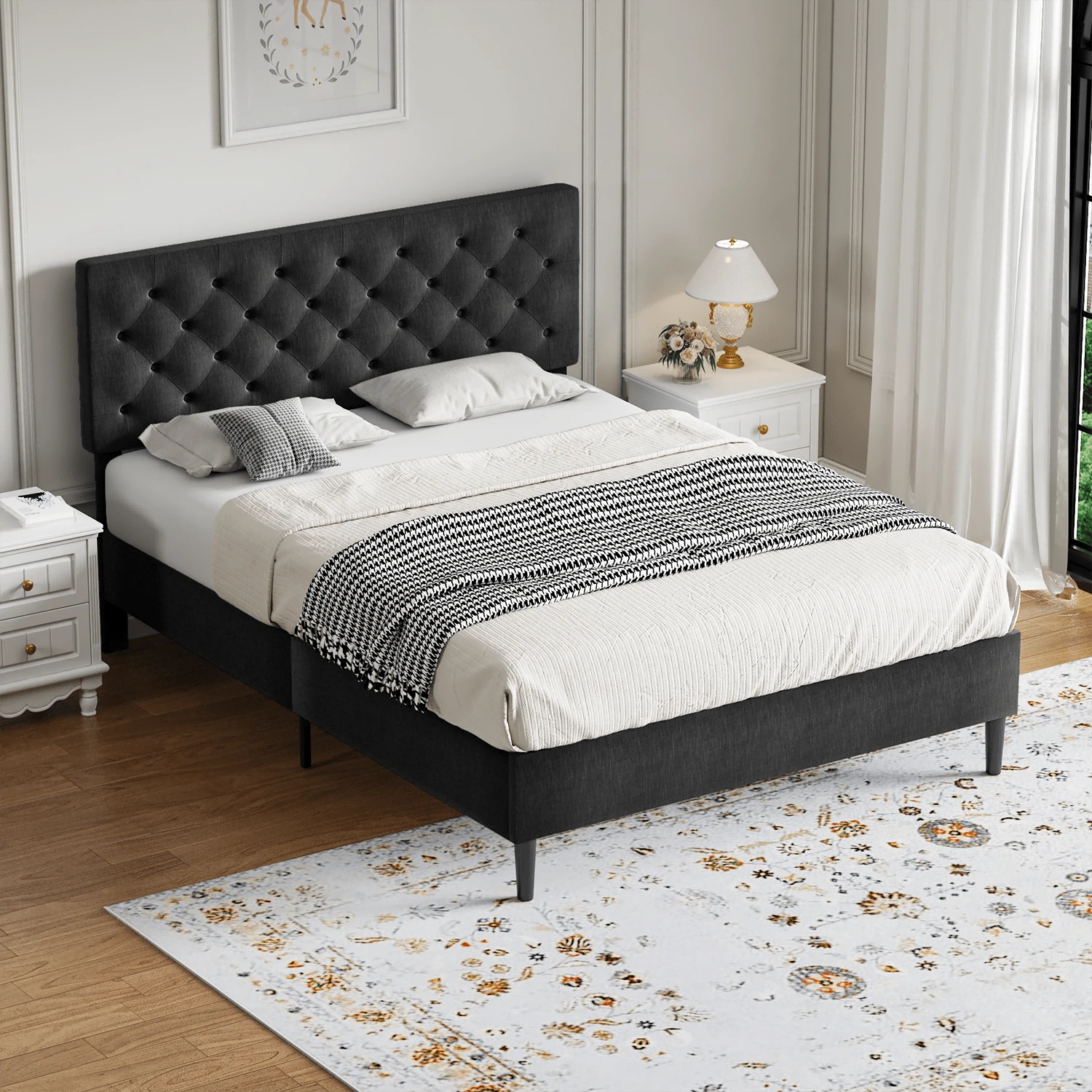 Twin/ Full/ Queen/ King Bed Frame, Upholstered Platform Bed Frame With Headboard, Solid Wood Slats, No Box Spring Needed, Noise-Free, Easy Assembly, White/ Grey/ Dark Grey/ Pink/ Blue - 深灰色 - 查看 1