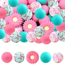 40pcs Silicone Beads DIY Keychain Set - Colorful Round, Cross, Sunflower And Hexagon Shapes, Suitable For Necklaces, Bracelets And Crafts Valentines