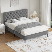 Twin/ Full/ Queen/ King Bed Frame, Upholstered Platform Bed Frame With Headboard, Solid Wood Slats, No Box Spring Needed, Noise-Free, Easy Assembly, White/ Grey/ Dark Grey/ Pink/ Blue - Xám - Xem 1