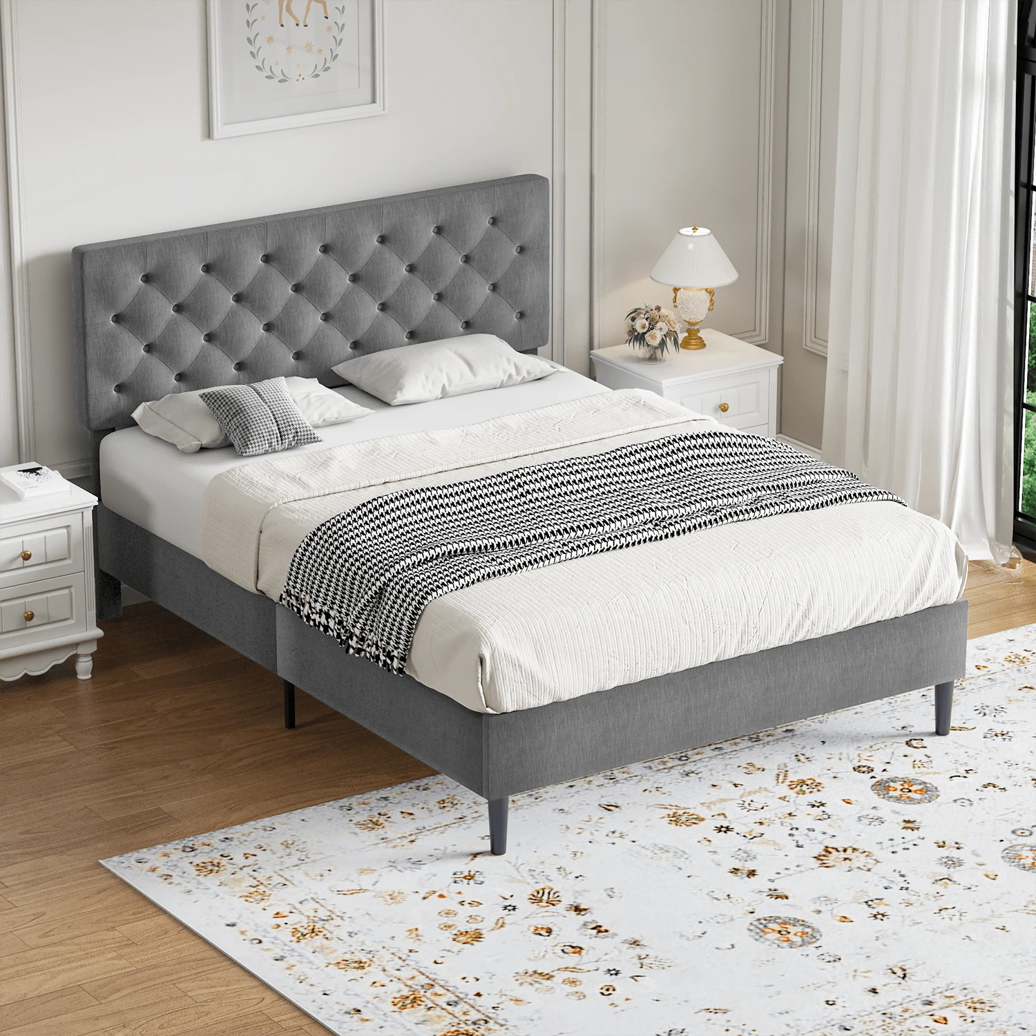 Twin/ Full/ Queen/ King Bed Frame, Upholstered Platform Bed Frame With Headboard, Solid Wood Slats, No Box Spring Needed, Noise-Free, Easy Assembly, White/ Grey/ Dark Grey/ Pink/ Blue - Xám - Xem 1