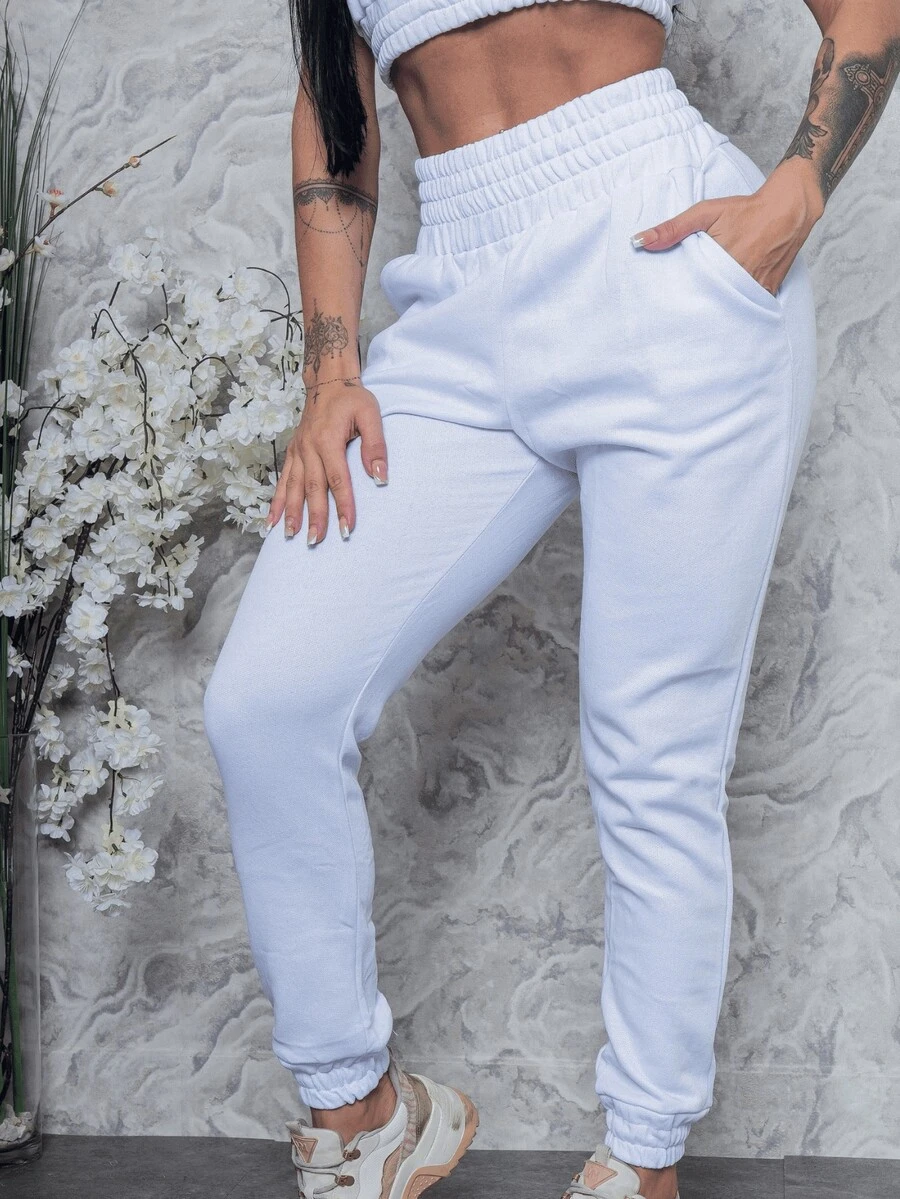 Women's Thick Fleece Jogger Pants With High Waist, Elastic Waist, And Pockets - Autumn/Winter Fashion - 白色 - 查看 1