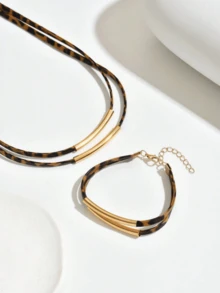 2pcs Autumn/Winter Leopard Print Metal Geometric Line Necklace Bracelet Set, European And American Style