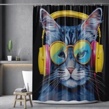 1 Set Cute & Cool Cat Ear Headphone Design Waterproof & Mildew Resistant Shower Curtain, Hooks, And Silica Mud Bath Mat, Multi-Functional Bathroom Accessories Back To School