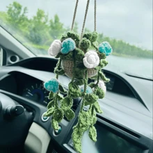 1 pieza Planta de crochet linda para espejo retrovisor de carro/decoración de habitación, accesorio colgante hecho a mano para espejo de carro estilo bohemio, adecuado para mujeres y niñas, decoración estética interior verde del carro, adorno colgante para camión para hombres