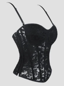 Áo corset ren hoa đen gợi cảm, dây đeo điều chỉnh được, khóa kéo bên hông, gọng corset định hình eo, phong cách Gothic cho tiệc tùng và hẹn hò. - màu đen - Xem 7
