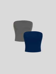 2 Women's Strapless Top Without Underwire Basic Double Layer Of Shaping Suplex - Gray and Navy Blue - View 1