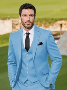 Men's Suit 3-Piece Set Slim Fit One Button Business Suits With Adjustable Single Breasted Vest & Flat Front Pants For Wedding, Prom, Job Interview Attire (Blazer+Vest+Pants) (XS-3XL) - 淺藍色 - 查看 5