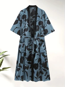 New Men's Fashion Casual Loungewear Robe, Short Sleeve Leaf Print, Minimalist Style, Woven Fabric With Tie