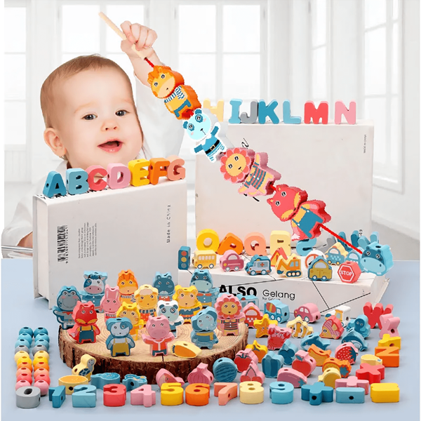 Brinquedo Montessori de madeira para crianças, contas de madeira faça você mesmo, desenhos animados de animais, frutas, letras, contas digitais, brinquedos de enfiar, presentes, cores aleatórias