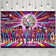 قطعة واحدة من خلفية كرة ديسكو الرجعية مع الحشود الرقصة المرحة - بألوان بنفسجي وألوان متعددة نابضة بالحياة ، تايبوجرافي متأللئ "الديسكو" و "LET'S BOOGIE" | أرضية مخططة رجعية وأنماط جريئة | بولي استر لا يحتاج إلى طاقة