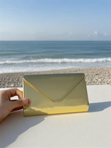 2025 新款时尚银色金属晚装包，女士 PU 皮革闪亮镜面翻盖手拿包，优雅派对单肩包，配链条肩带钱包