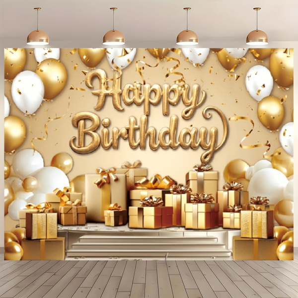 1pc Luxurious Golden Birthday Backdrop With 'Happy Birthday' Text – Gold & Silver Balloons, Ribbon-Tied Gift Boxes & Falling Glitter Confetti | Beige Gradient Background With Metallic Accents | Polyester No Power Needed