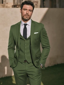Men's Suit 3-Piece Set Slim Fit One Button Business Suits With Adjustable Single Breasted Vest & Flat Front Pants For Wedding, Prom, Job Interview Attire (Blazer+Vest+Pants) (XS-3XL) - 橄欖綠 - 查看 6