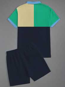 1 Set Plus Size Men Short Sleeve Shirt With Buttons, Contrast Colored Top Suit, Fashionable Casual Daily Polo Collar Tee, Elastic Waist Drawstring Shorts, 2 Pieces Set