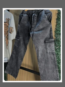 Men's Wide Leg Cargo Jeans Twill Skate Khaki 6 Pockets Drawstring Closure Unisex - Grey - View 2