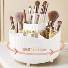 Organizador de Maquiagem Giratório 360° com Design de Listras de Luxo - Armazenamento Cosmético de Plástico Redondo com 5 Compartimentos, Montagem Embutida, Acabamento Polido, Porta-Objetos Multifuncional para Pincéis e Artigos de Papelaria