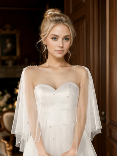 1pc Elegant Sheer Mesh Pearl Shawl To Pair With Skirt,Pearl Dress For Bride,Wedding,Party,Premium Style Fall Clothes For Women