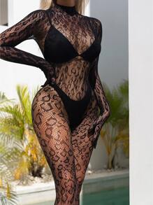 1 Pc Women Fishnet Lingerie Leopard Bodystockings BabyDoll Bodysuit Underwear Women's Sexy Lingerie Outfit Crotchless,Sexy Lingerie