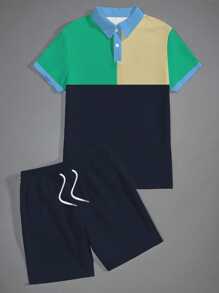 1 Set Plus Size Men Short Sleeve Shirt With Buttons, Contrast Colored Top Suit, Fashionable Casual Daily Polo Collar Tee, Elastic Waist Drawstring Shorts, 2 Pieces Set