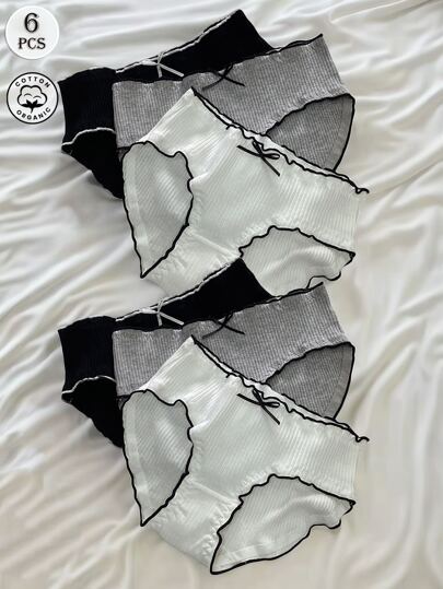 6pcs Women's Bow Ruffle Trim Briefs, Comfortable Breathable Underwear For Japanese School Girl Style