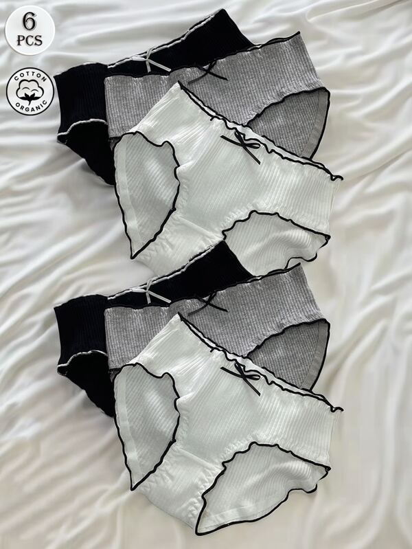 6pcs Women's Bow Ruffle Trim Briefs, Comfortable Breathable Underwear For Japanese School Girl Style
