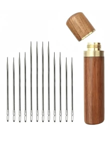 12pcs/15pcs Side Eye Large Eyed Sewing Needles, Easy Threading Suitable For Elderly, Wooden Round Storage Box, Rustproof Needles, Sewing Clothing DIY Tool