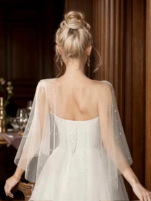 1 件优雅透明网眼珍珠披肩，搭配裙子、新娘珍珠连衣裙、婚礼、派对、高档女士秋季服装