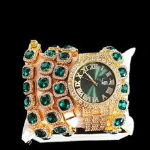 Set de joyería de 3 piezas estilo europeo y americano hip-hop con diamantes completos, reloj, collar y pulsera con rhinestones, correa de metal y calendario, regalo para estudiantes hombres y mujeres
