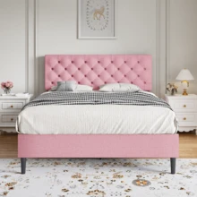 Twin/ Full/ Queen/ King Bed Frame, Upholstered Platform Bed Frame With Headboard, Solid Wood Slats, No Box Spring Needed, Noise-Free, Easy Assembly, White/ Grey/ Dark Grey/ Pink/ Blue - Pink - View 10