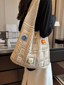 New Hollow Knitted Women Shoulder Bag, Retro Knitted Yarn Knitted Handbag Tote Bag, Unique Design