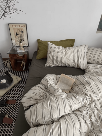 3pcs 100% Cotton Nordic Style Plaid Bedding Set, 2 Pillowcases + 1 Duvet Cover For Bedroom Decor