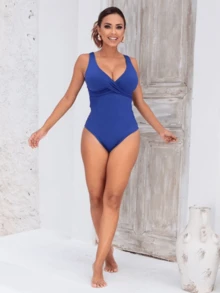 Simple Bodysuit Women's Swimsuit Slims Waist Defines Silhouette Double Fabric Cup Water Aerobics Beach Shapewear Elegant Casual - 寶藍色 - 查看 8