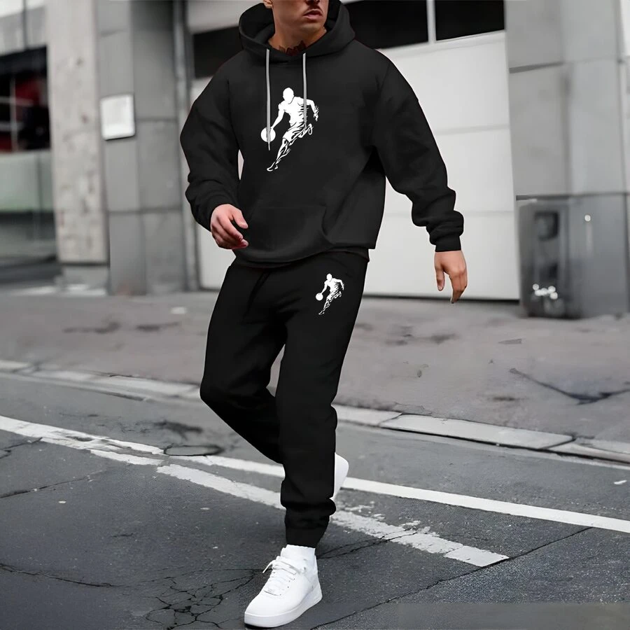 MEN'S SWEATSHIRT WITH PANTS AND PRINTED SHIRT SET NEW HOT CJ002 - Negro - Ver 1