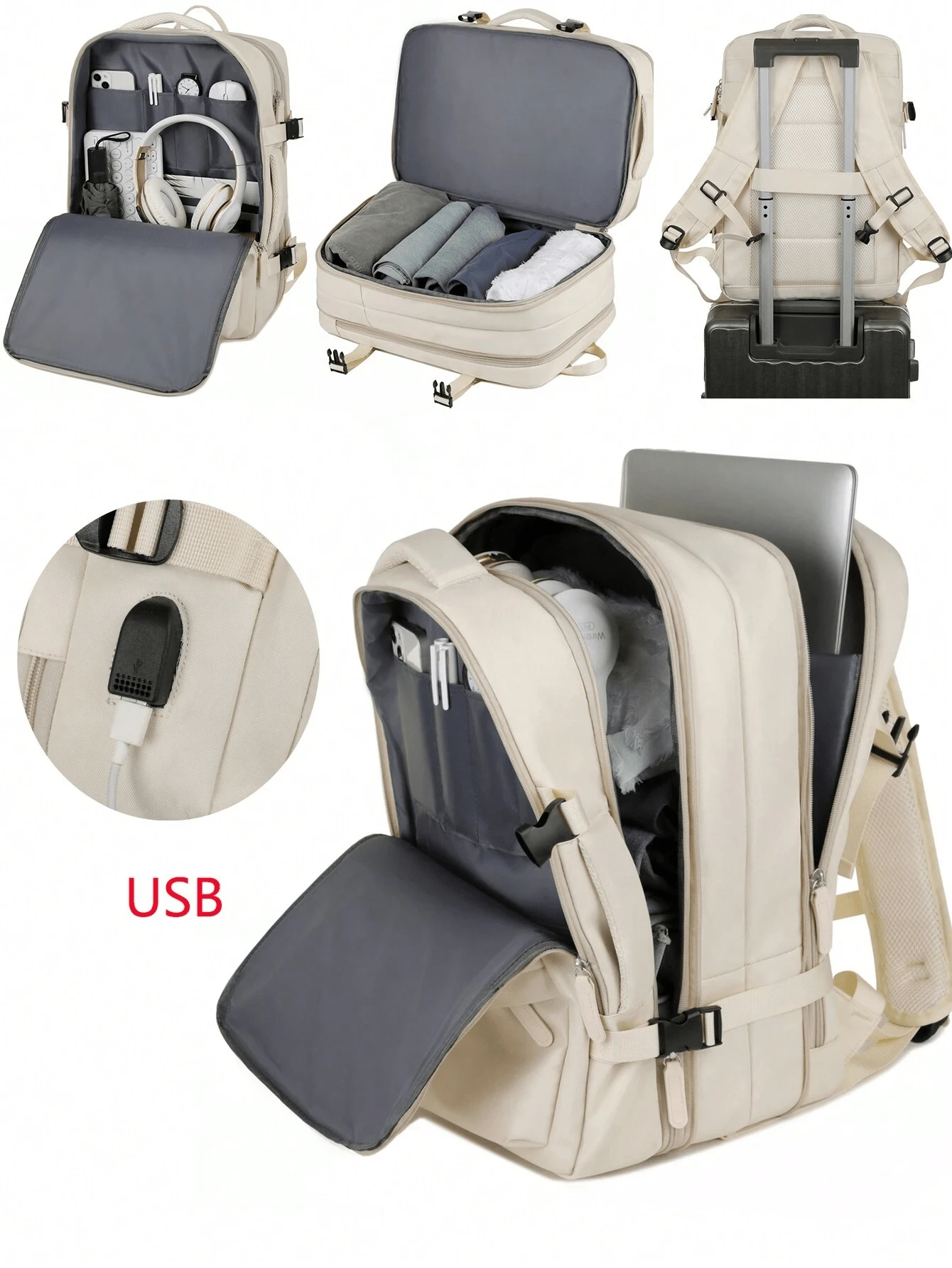 Large Travel Backpack Carry On Flight Approved Laptop Work Business Backpack For Women Men Mochila De Viaje - 米色 - 查看 1