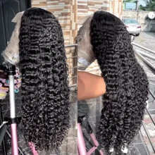 Peluca de cabello humano con onda de agua de 13x6 pulgadas sin cola y sin pegamento, con densidad 250%, cabello humano HD, frontal de encaje precortado, rizos profundos, para principiantes, sin pegamento con pelo de bebé, color natural, adecuada para mujeres - Natural Black - Ver 5